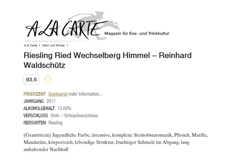 A LA CARTE: Riesling Ried Wechselberg Himmel